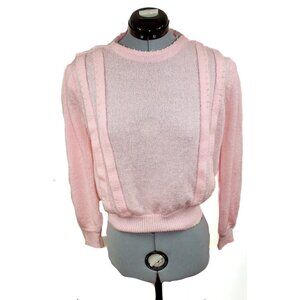 VTG DONAGAIN Women's Large Pink Sweater Beaded Pearl 70s Puff Sleeve Cottage